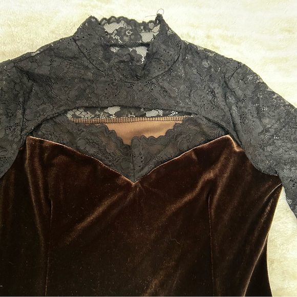 Elegant, Romantic Whimsy Goth Velvet & Lace Chocolate Brown Dress - Picture 3 of 8